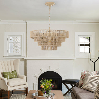 20" Modern 4-Layer Woven Hemp Rope Chandelier, Boho Style Pendant Light, Elegant Hanging Light Fixture for Living Room, Dining Room, Bedroom (No Bulbs)