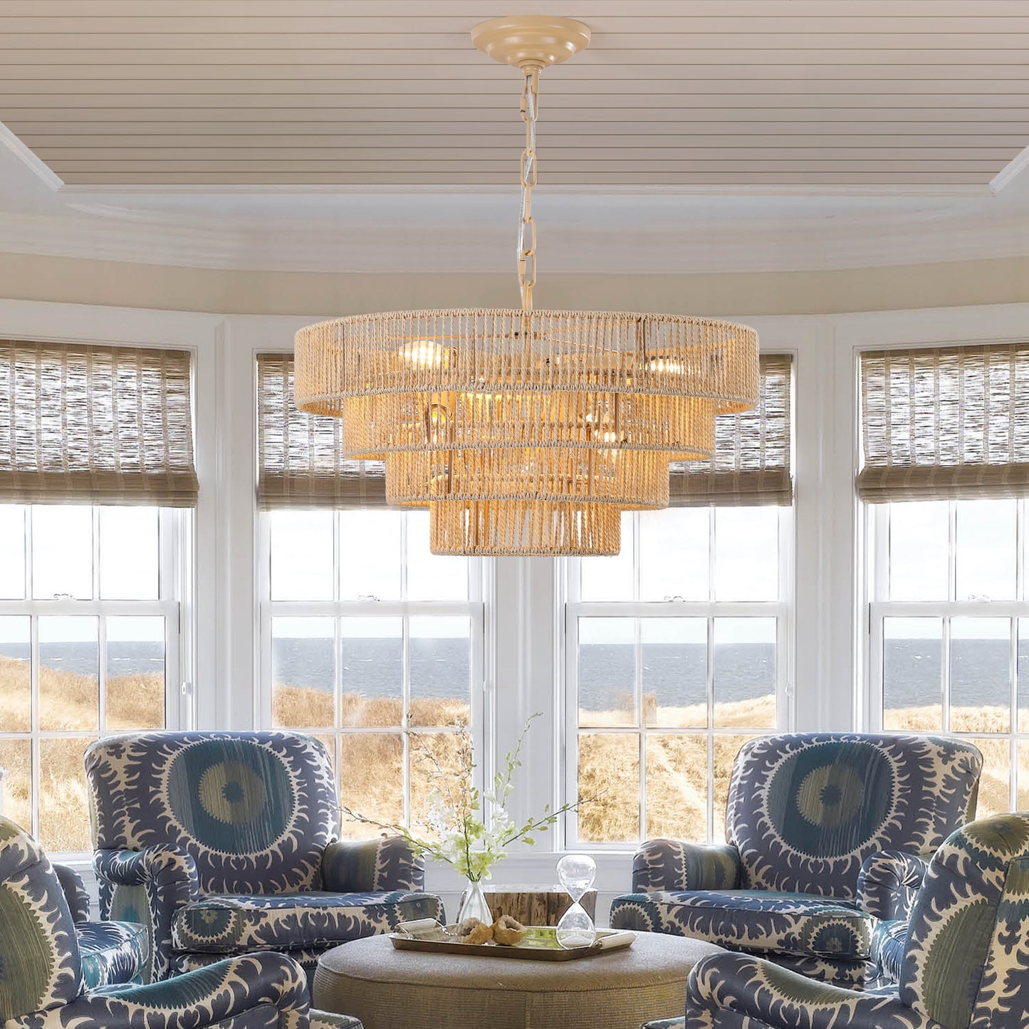20" Modern 4-Layer Woven Hemp Rope Chandelier, Boho Style Pendant Light, Elegant Hanging Light Fixture for Living Room, Dining Room, Bedroom (No Bulbs)