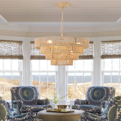 20" Modern 4-Layer Woven Hemp Rope Chandelier, Boho Style Pendant Light, Elegant Hanging Light Fixture for Living Room, Dining Room, Bedroom (No Bulbs)