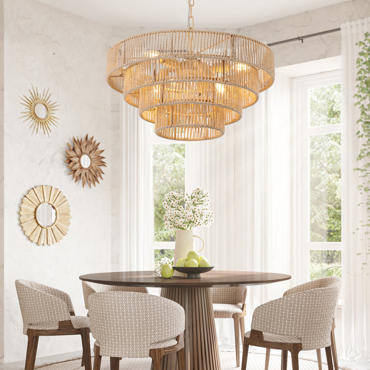 20" Modern 4-Layer Woven Hemp Rope Chandelier, Boho Style Pendant Light, Elegant Hanging Light Fixture for Living Room, Dining Room, Bedroom (No Bulbs)
