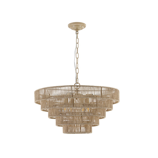 24" Modern 5-Layer Woven Hemp Rope Chandelier, Boho Style Pendant Light, Elegant Hanging Light Fixture for Living Room, Dining Room, Bedroom (No Bulbs)