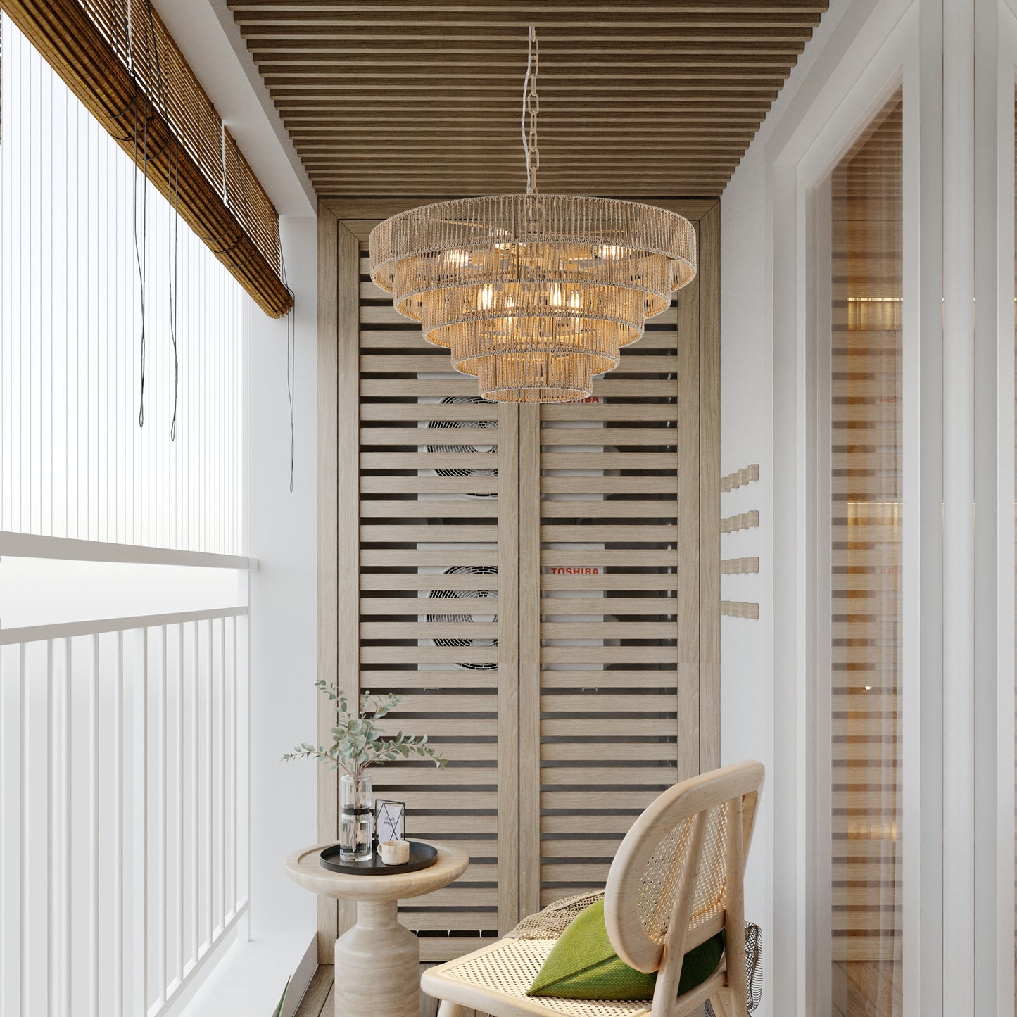 24" Modern 5-Layer Woven Hemp Rope Chandelier, Boho Style Pendant Light, Elegant Hanging Light Fixture for Living Room, Dining Room, Bedroom (No Bulbs)