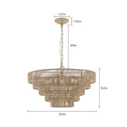 24" Modern 5-Layer Woven Hemp Rope Chandelier, Boho Style Pendant Light, Elegant Hanging Light Fixture for Living Room, Dining Room, Bedroom (No Bulbs)