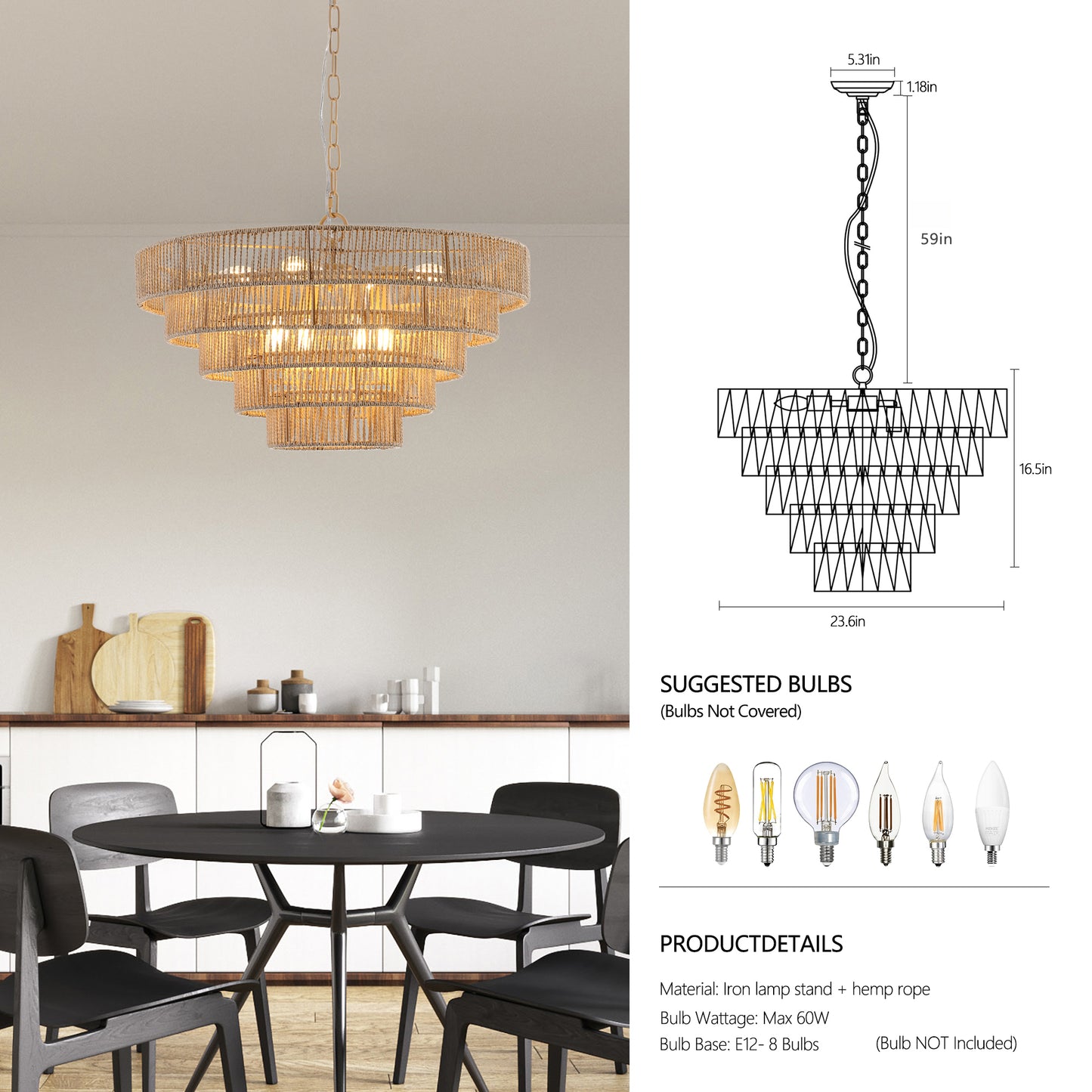 24" Modern 5-Layer Woven Hemp Rope Chandelier, Boho Style Pendant Light, Elegant Hanging Light Fixture for Living Room, Dining Room, Bedroom (No Bulbs)