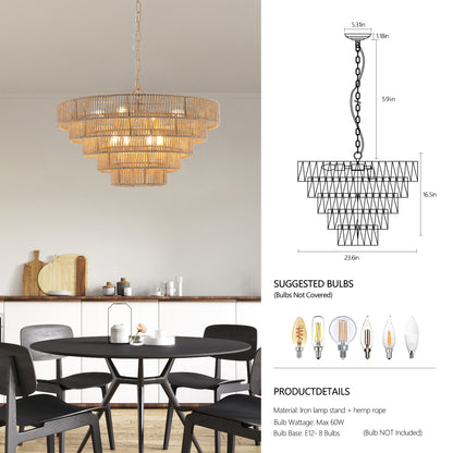 24" Modern 5-Layer Woven Hemp Rope Chandelier, Boho Style Pendant Light, Elegant Hanging Light Fixture for Living Room, Dining Room, Bedroom (No Bulbs)