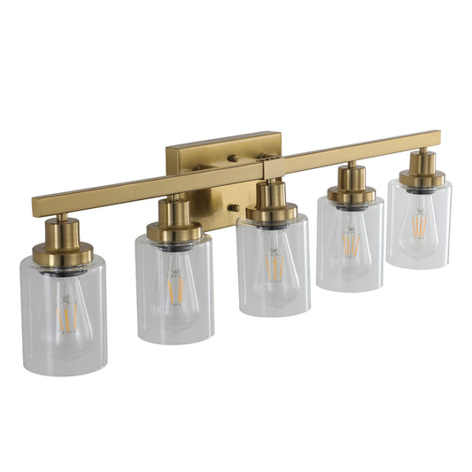 31" Golden 5-Light Vanity Light with Clear Glass Shades, Modern Iron Metal Bathroom Wall Fixture for Mirror, Ideal for Bathroom and Dressing Table (No Bulbs)