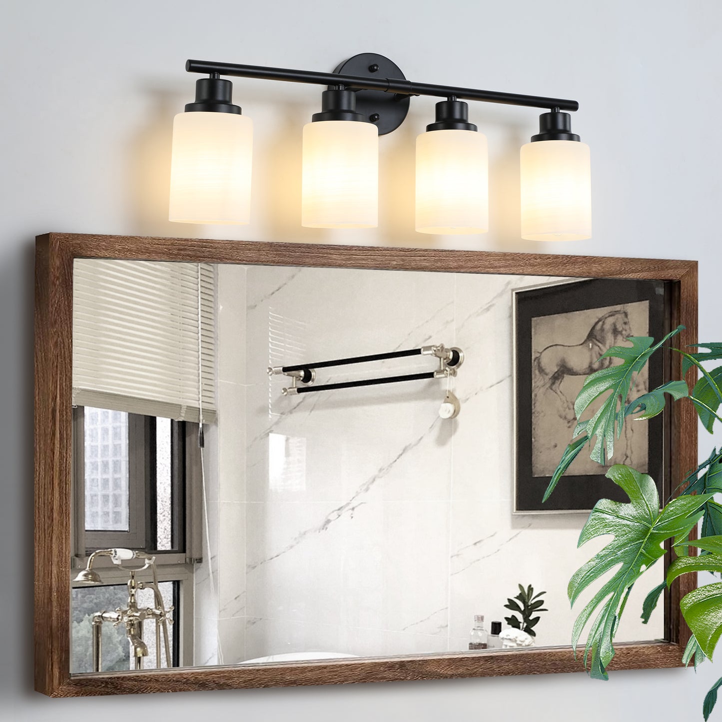 24" Modern 4-Light Vanity Bathroom Mirror Light, Frosted White Glass with Black Iron Frame, Contemporary Wall Sconce for Bedroom, Bathroom, And Dressing Room (Bulb Not Included)