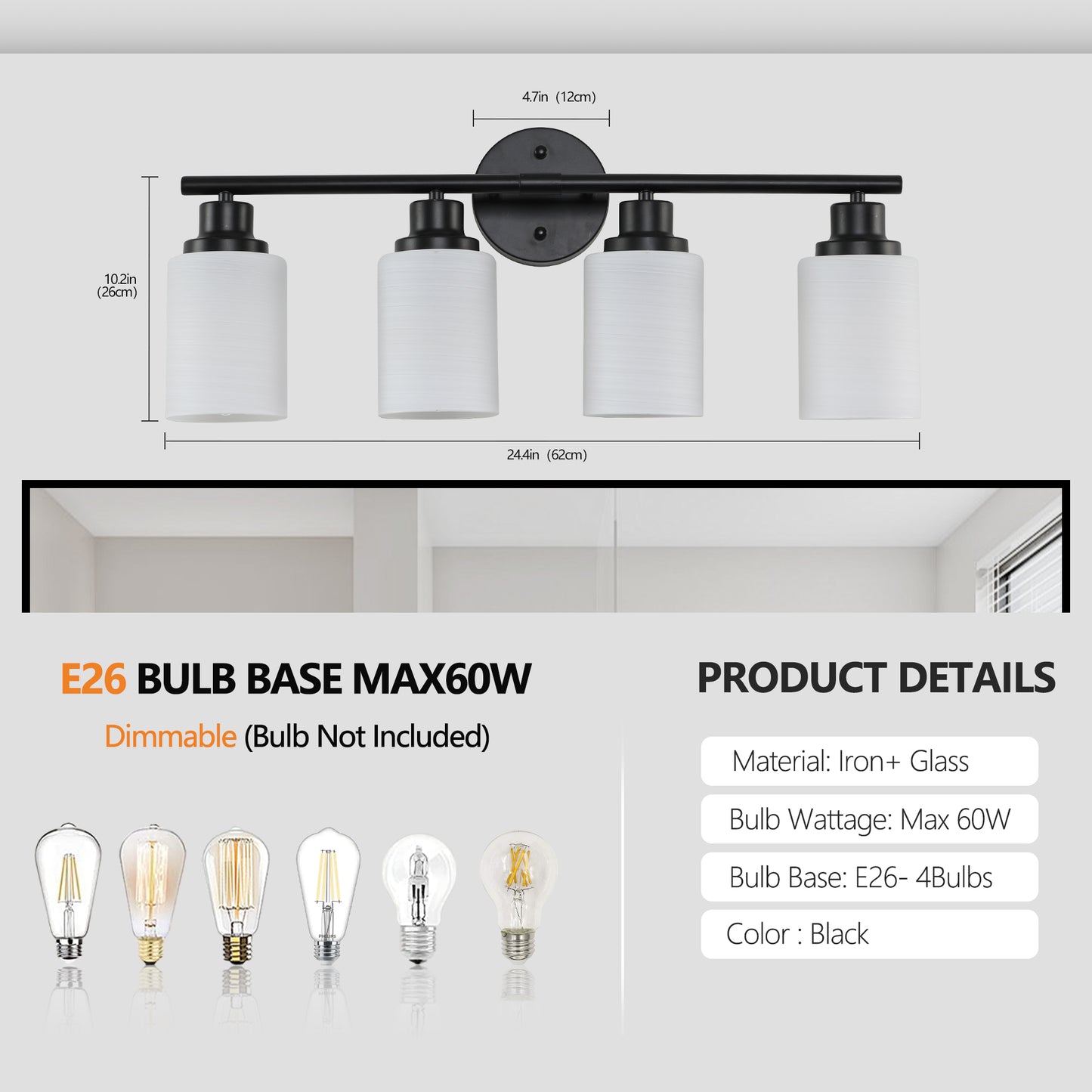 24" Modern 4-Light Vanity Bathroom Mirror Light, Frosted White Glass with Black Iron Frame, Contemporary Wall Sconce for Bedroom, Bathroom, And Dressing Room (Bulb Not Included)