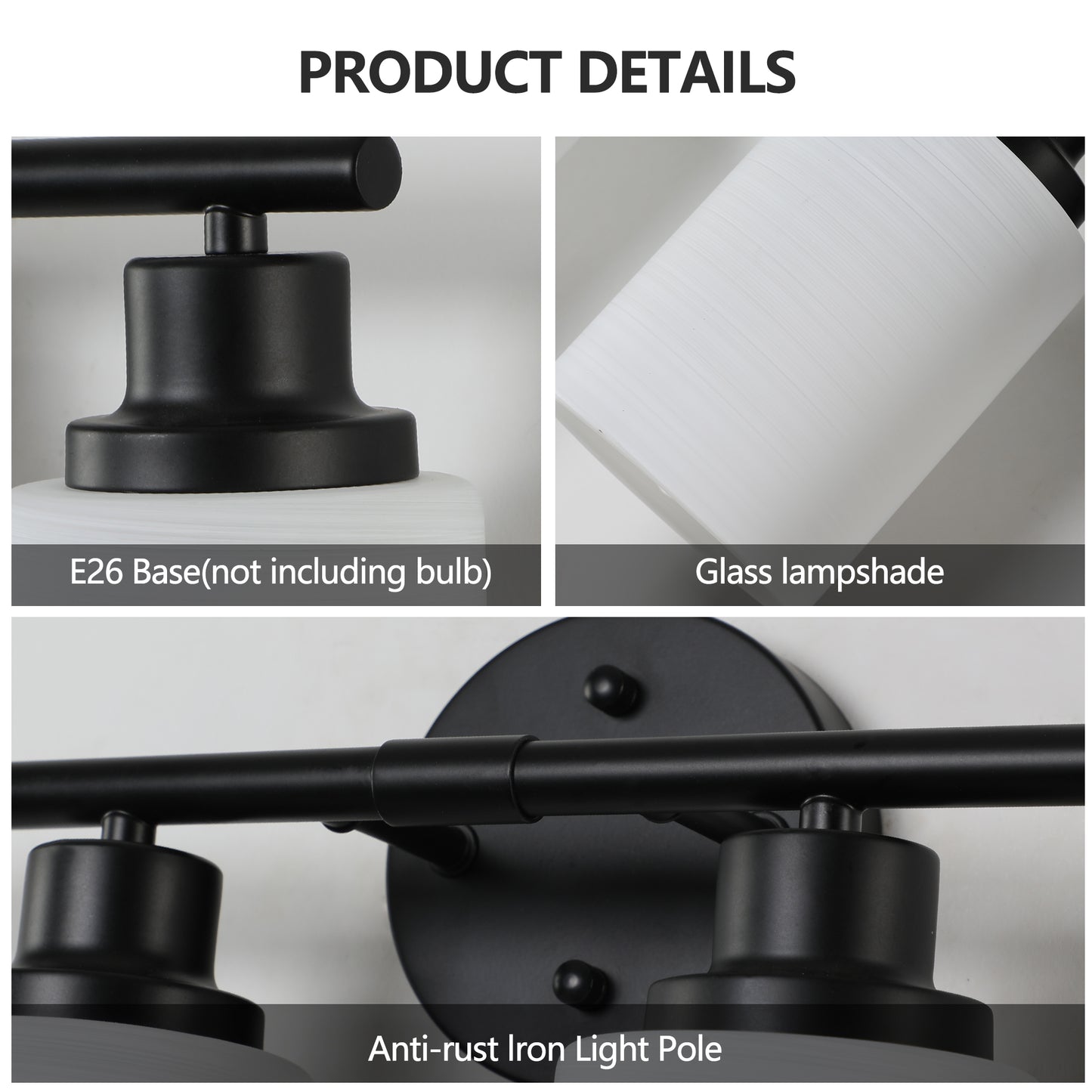 24" Modern 4-Light Vanity Bathroom Mirror Light, Frosted White Glass with Black Iron Frame, Contemporary Wall Sconce for Bedroom, Bathroom, And Dressing Room (Bulb Not Included)