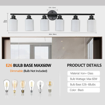 39" Modern 6-Light Vanity Bathroom Mirror Light, Frosted White Glass with Black Iron Frame, Contemporary Wall Sconce for Bedroom, Bathroom, and Dressing Room (No Bulbs)