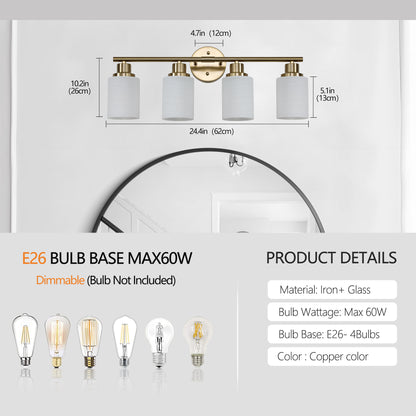 24" Modern 4-Light Vanity Wall Sconce, Golden Finish with Frosted Glass Shades for Bathroom or Hallway Lighting (No Bulbs)