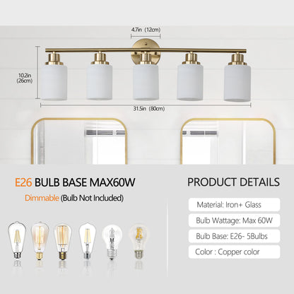 31" Modern 5-Light Vanity Wall Sconce, Golden Finish with Frosted Glass Shades for Bathroom or Hallway Lighting (No Bulbs)
