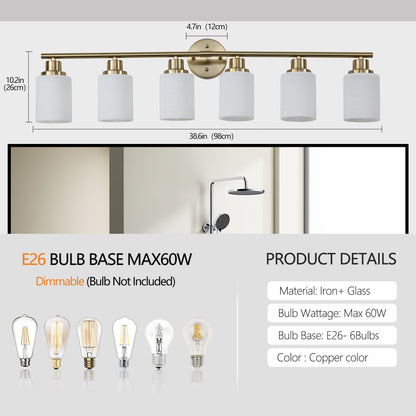 39" Modern 6-Light Vanity Wall Sconce, Golden Finish with Frosted Glass Shades for Bathroom or Hallway Lighting (No Bulbs)