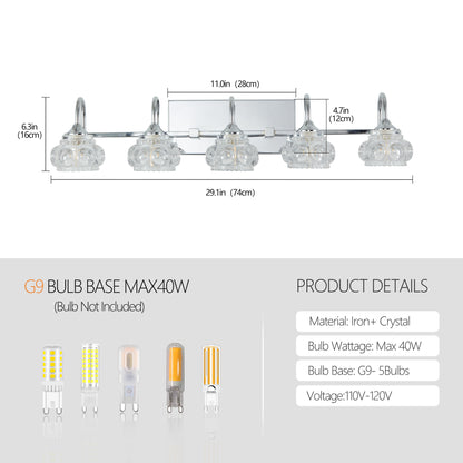29" Brushed Nickel Finish Vintage Crystal Vanity Light - Elegant 5-Light Bathroom Mirror Fixture with Clear Glass Shades (No Bulbs)