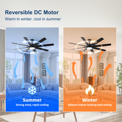 72 inch Large Ceiling Fans with Lights and Remote, Indoor/Outdoor Black Modern Ceiling Fan for Kitchen Living Room Patio, 6 Speed Reversible Quiet DC Motor, Dual Finish 8 Blades