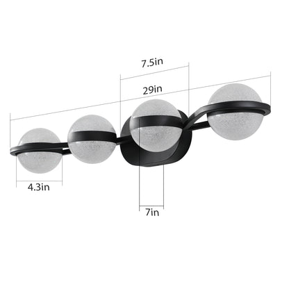30" Black Minimalist LED Bathroom Vanity Light with Crystal Sand Acrylic Shades, 4-Light Wall Mounted Decorative Lighting Fixture, Suitable for Bathroom Vanity Mirror