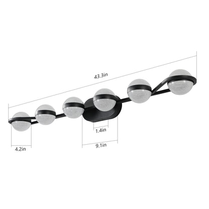 43" Black Minimalist LED Bathroom Vanity Light with Crystal Sand Acrylic Shades,6-Light Wall Mounted Decorative Lighting Fixture, Suitable for Bathroom Vanity Mirror
