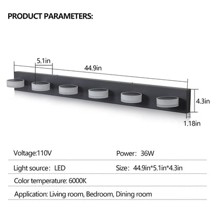 45" Modern 6-Light LED Vanity Light, Sleek Black Bathroom Wall Light Fixture for Mirror, Shower, and Bathroom Decor