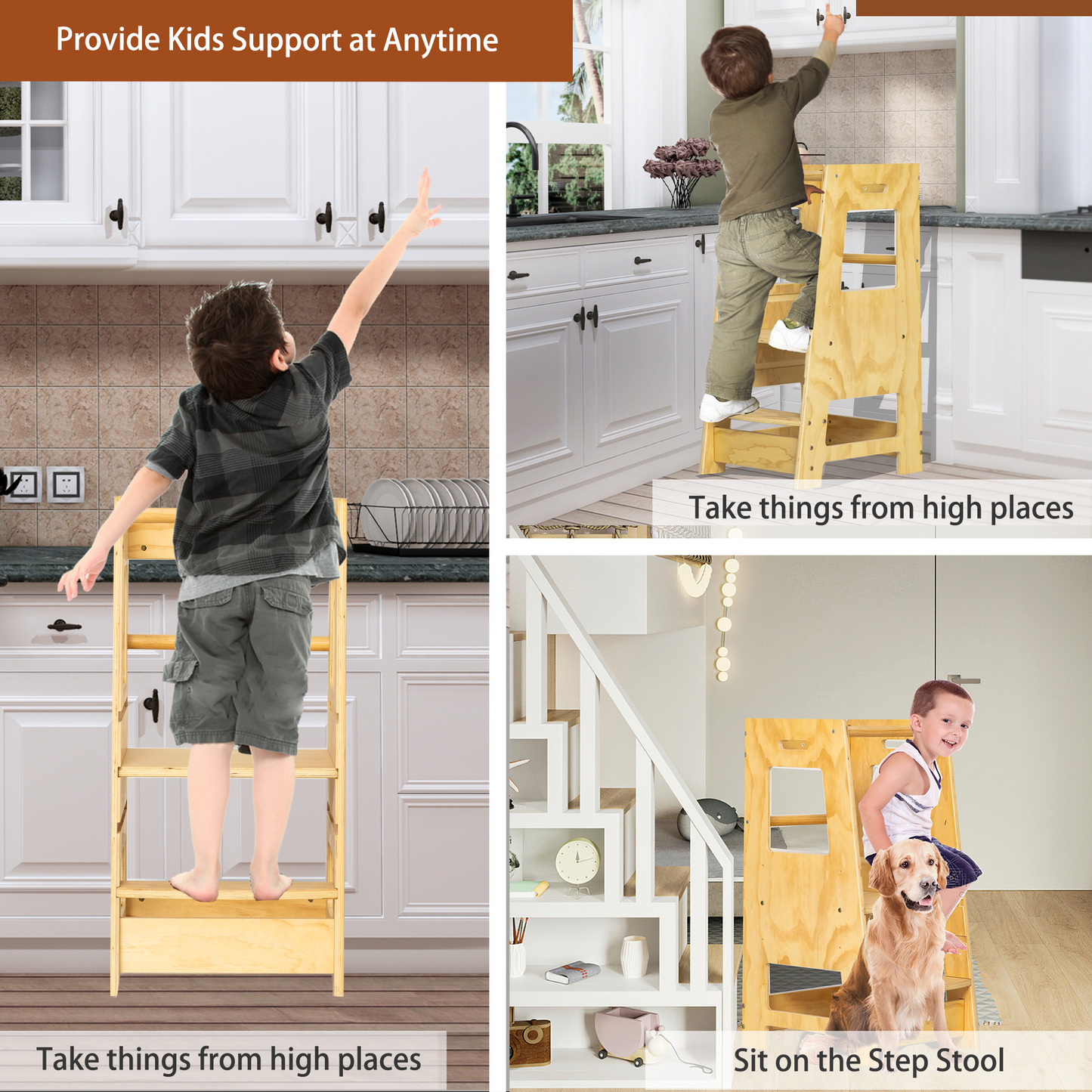 Toddler Standing Tower Kitchen Step Stool for Kid's Adjustable Height Learning Stool, Toddler Kitchen Stool Helper Removable Anti-Drop Safety Rail Stool for Bedroom, Bathroom, Natural
