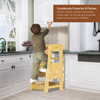 Toddler Standing Tower Kitchen Step Stool for Kid's Adjustable Height Learning Stool, Toddler Kitchen Stool Helper Removable Anti-Drop Safety Rail Stool for Bedroom, Bathroom, Natural