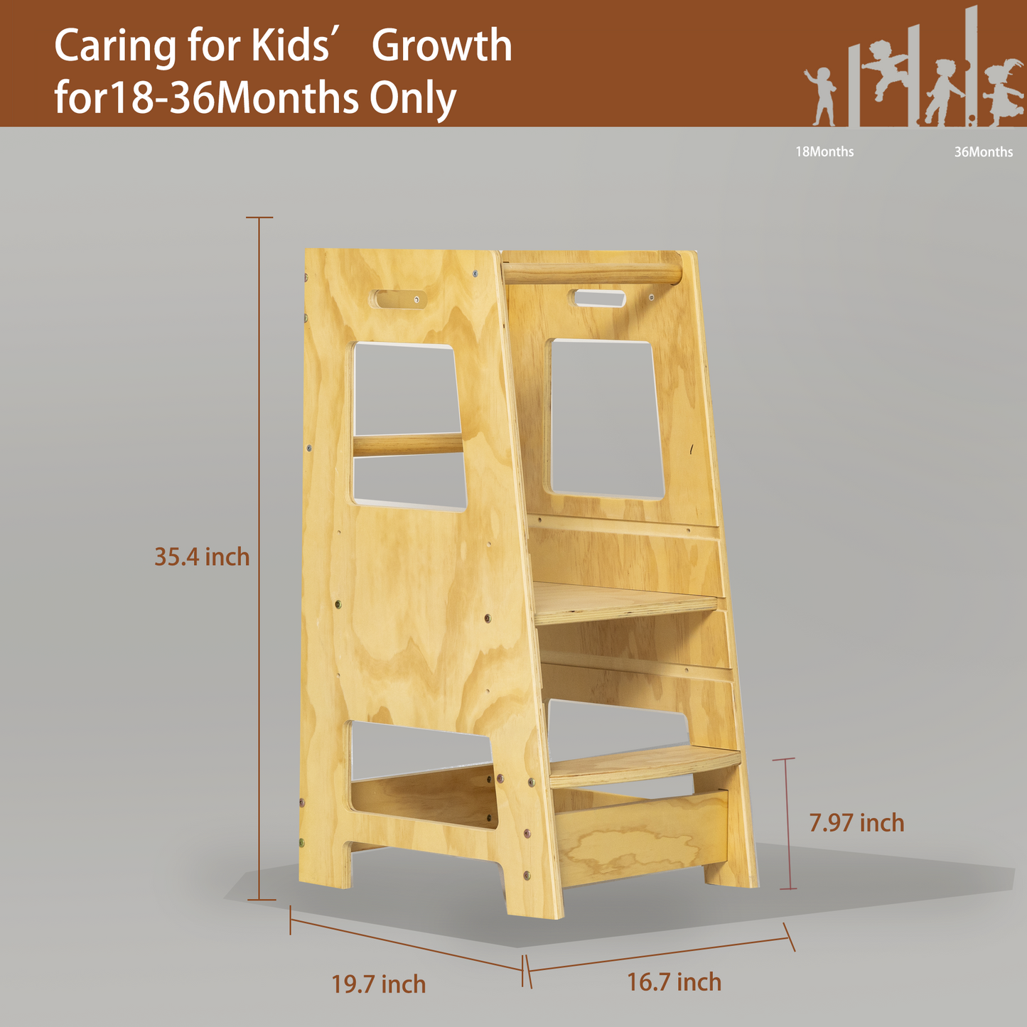 Toddler Standing Tower Kitchen Step Stool for Kid's Adjustable Height Learning Stool, Toddler Kitchen Stool Helper Removable Anti-Drop Safety Rail Stool for Bedroom, Bathroom, Natural