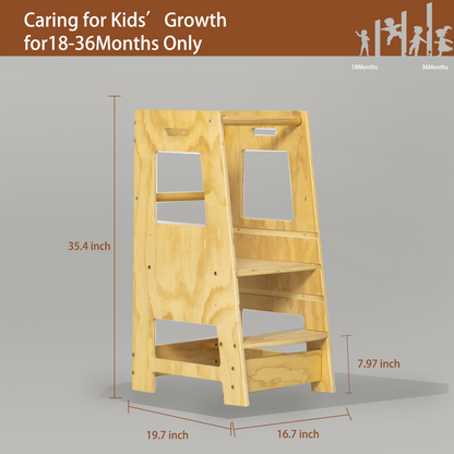Toddler Standing Tower Kitchen Step Stool for Kid's Adjustable Height Learning Stool, Toddler Kitchen Stool Helper Removable Anti-Drop Safety Rail Stool for Bedroom, Bathroom, Natural