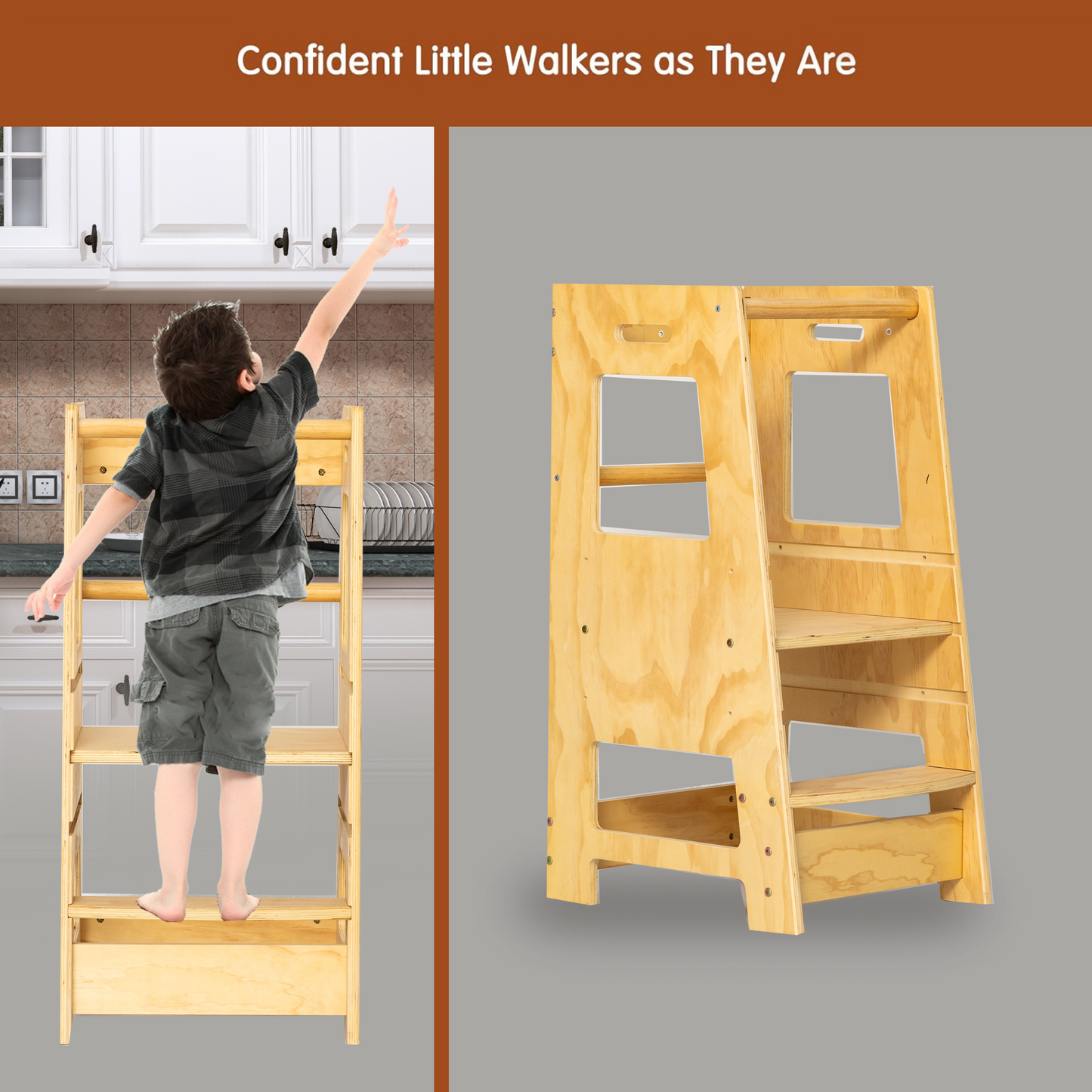Toddler Standing Tower Kitchen Step Stool for Kid's Adjustable Height Learning Stool, Toddler Kitchen Stool Helper Removable Anti-Drop Safety Rail Stool for Bedroom, Bathroom, Natural