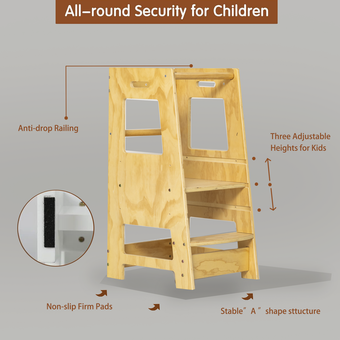 Toddler Standing Tower Kitchen Step Stool for Kid's Adjustable Height Learning Stool, Toddler Kitchen Stool Helper Removable Anti-Drop Safety Rail Stool for Bedroom, Bathroom, Natural