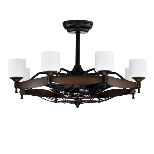 Dia 33 inch Chandelier Ceiling Fan With Remote Control,DC Motor ,6 Speed,3 ABS Blades for Bedroom Dining Room Living Room Kitchen Farmhouse Entry,Matte Black+ Red Wood Grain