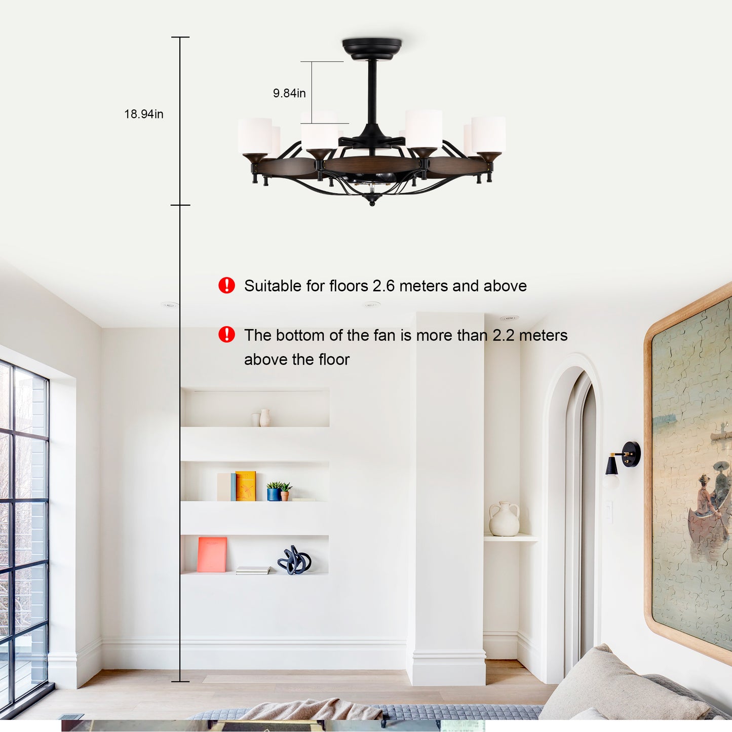 Dia 33 inch Chandelier Ceiling Fan With Remote Control,DC Motor ,6 Speed,3 ABS Blades for Bedroom Dining Room Living Room Kitchen Farmhouse Entry,Matte Black+ Red Wood Grain