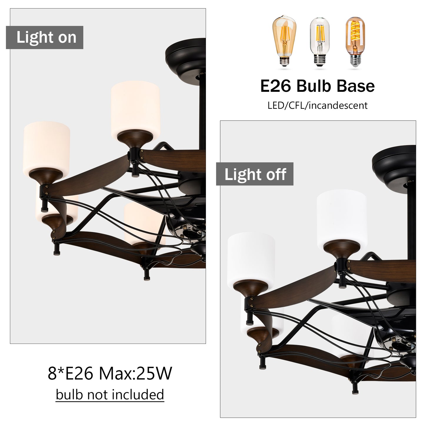 Dia 33 inch Chandelier Ceiling Fan With Remote Control,DC Motor ,6 Speed,3 ABS Blades for Bedroom Dining Room Living Room Kitchen Farmhouse Entry,Matte Black+ Red Wood Grain