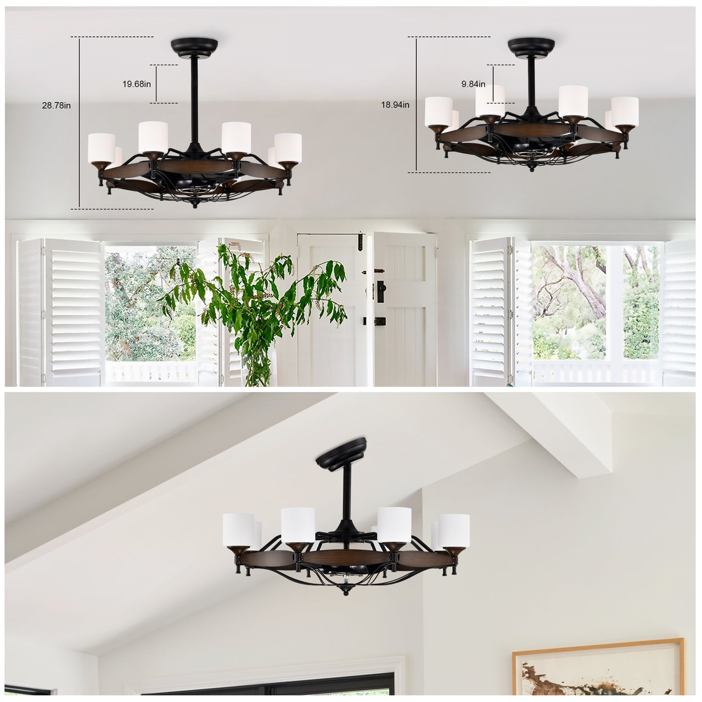 Dia 33 inch Chandelier Ceiling Fan With Remote Control,DC Motor ,6 Speed,3 ABS Blades for Bedroom Dining Room Living Room Kitchen Farmhouse Entry,Matte Black+ Red Wood Grain