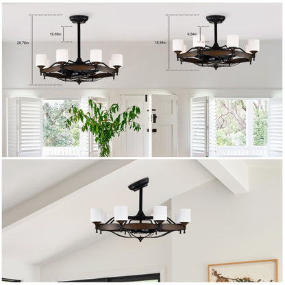 Dia 33 inch Chandelier Ceiling Fan With Remote Control,DC Motor ,6 Speed,3 ABS Blades for Bedroom Dining Room Living Room Kitchen Farmhouse Entry,Matte Black+ Red Wood Grain