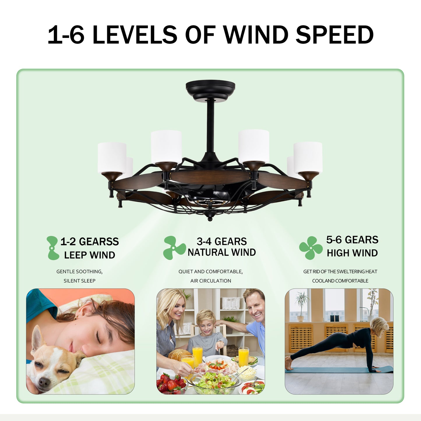 Dia 33 inch Chandelier Ceiling Fan With Remote Control,DC Motor ,6 Speed,3 ABS Blades for Bedroom Dining Room Living Room Kitchen Farmhouse Entry,Matte Black+ Red Wood Grain