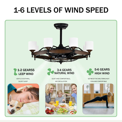 Dia 33 inch Chandelier Ceiling Fan With Remote Control,DC Motor ,6 Speed,3 ABS Blades for Bedroom Dining Room Living Room Kitchen Farmhouse Entry,Matte Black+ Red Wood Grain