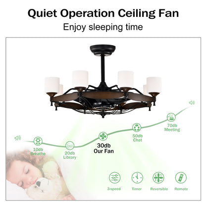 Dia 33 inch Chandelier Ceiling Fan With Remote Control,DC Motor ,6 Speed,3 ABS Blades for Bedroom Dining Room Living Room Kitchen Farmhouse Entry,Matte Black+ Red Wood Grain