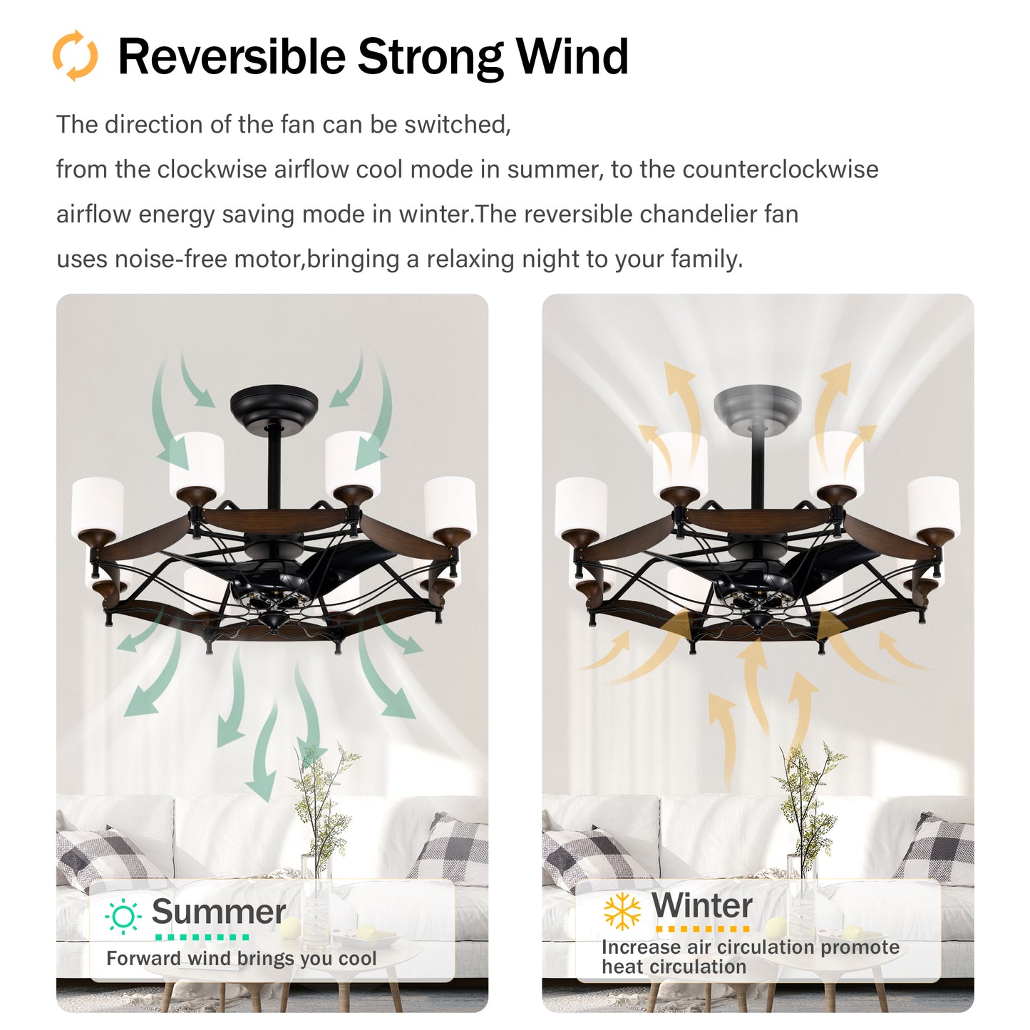Dia 33 inch Chandelier Ceiling Fan With Remote Control,DC Motor ,6 Speed,3 ABS Blades for Bedroom Dining Room Living Room Kitchen Farmhouse Entry,Matte Black+ Red Wood Grain