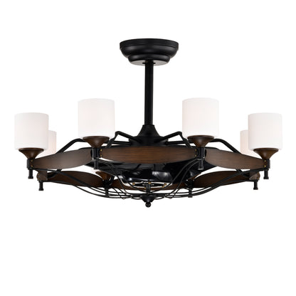 Dia 33 inch Chandelier Ceiling Fan With Remote Control,DC Motor ,6 Speed,3 ABS Blades for Bedroom Dining Room Living Room Kitchen Farmhouse Entry,Matte Black+ Red Wood Grain