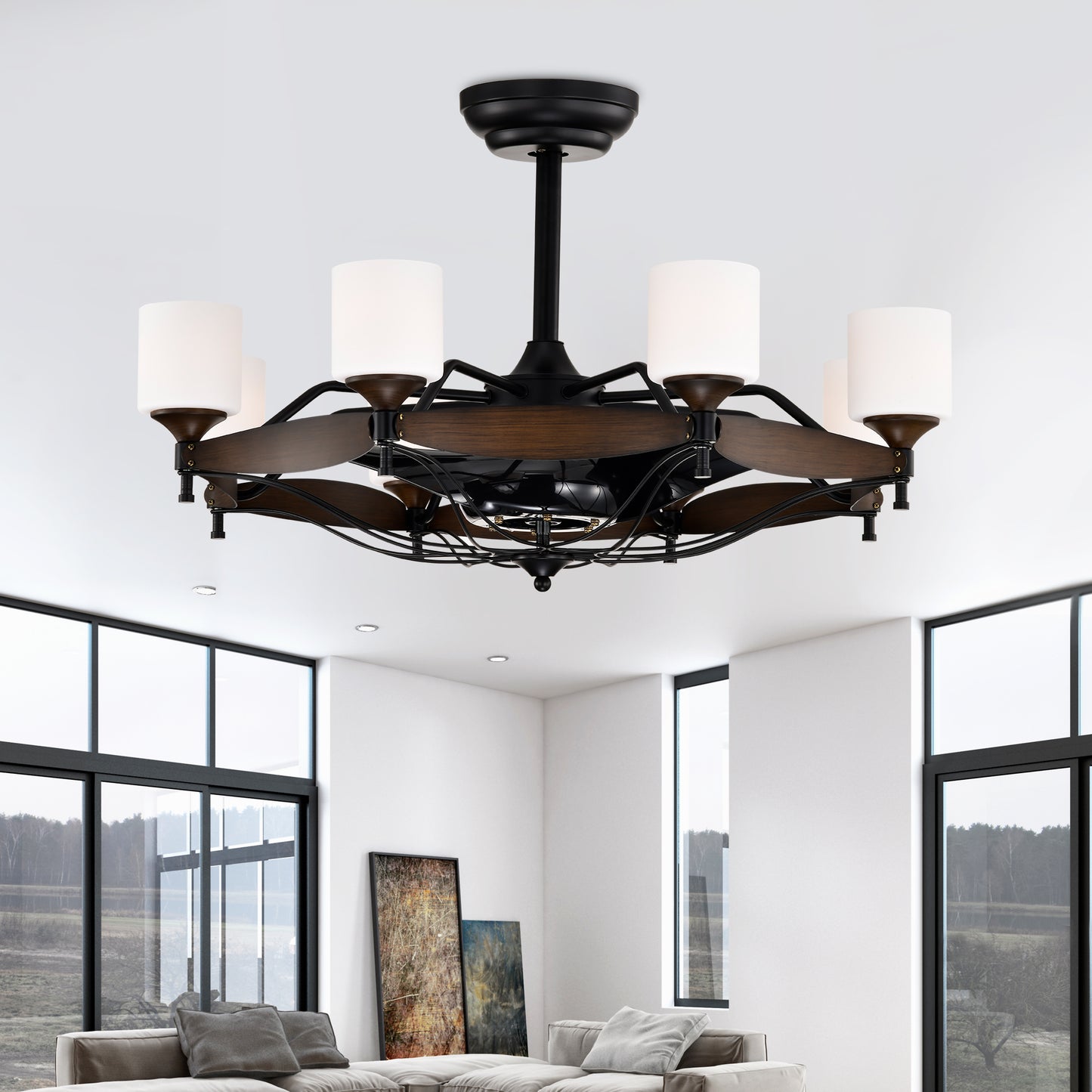 Dia 33 inch Chandelier Ceiling Fan With Remote Control,DC Motor ,6 Speed,3 ABS Blades for Bedroom Dining Room Living Room Kitchen Farmhouse Entry,Matte Black+ Red Wood Grain