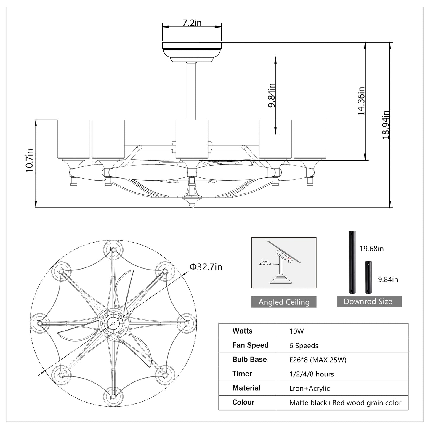 Dia 33 inch Chandelier Ceiling Fan With Remote Control,DC Motor ,6 Speed,3 ABS Blades for Bedroom Dining Room Living Room Kitchen Farmhouse Entry,Matte Black+ Red Wood Grain