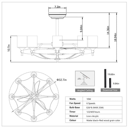 Dia 33 inch Chandelier Ceiling Fan With Remote Control,DC Motor ,6 Speed,3 ABS Blades for Bedroom Dining Room Living Room Kitchen Farmhouse Entry,Matte Black+ Red Wood Grain