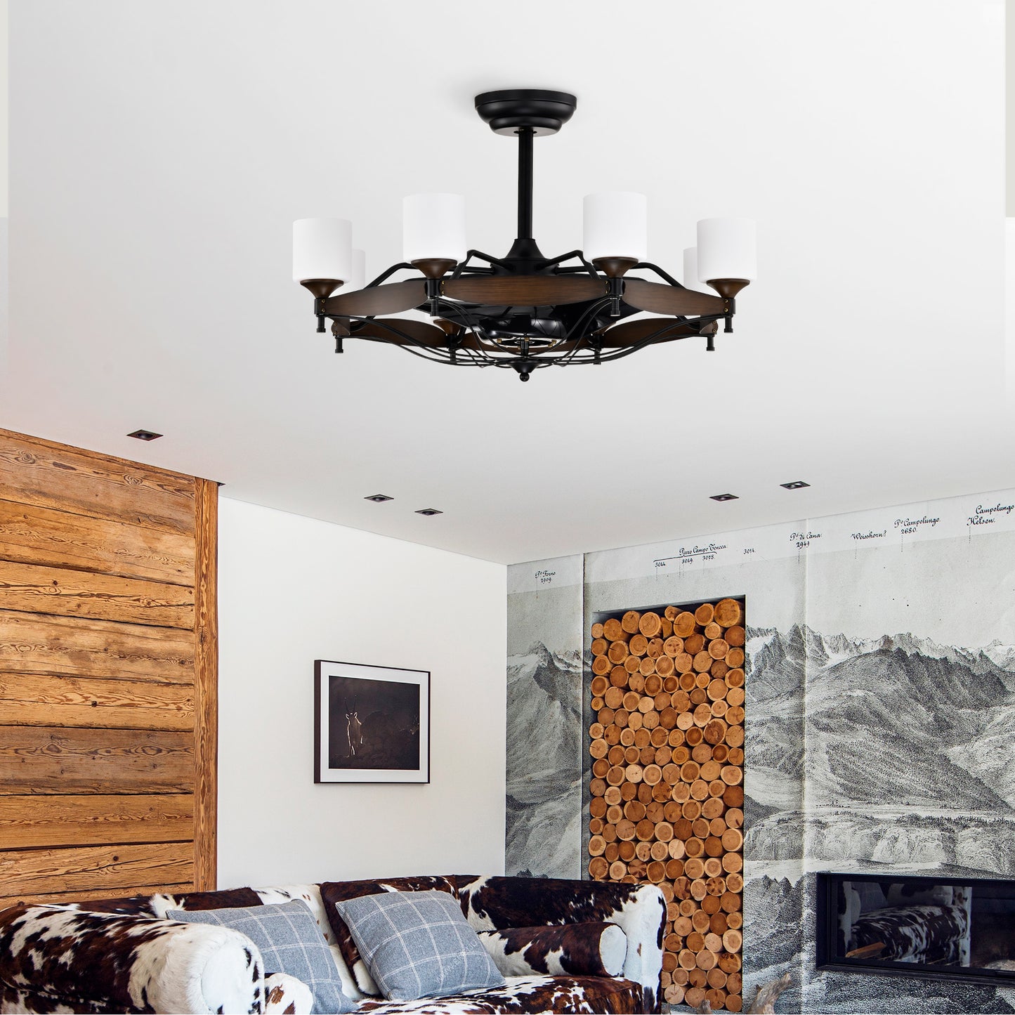 Dia 33 inch Chandelier Ceiling Fan With Remote Control,DC Motor ,6 Speed,3 ABS Blades for Bedroom Dining Room Living Room Kitchen Farmhouse Entry,Matte Black+ Red Wood Grain