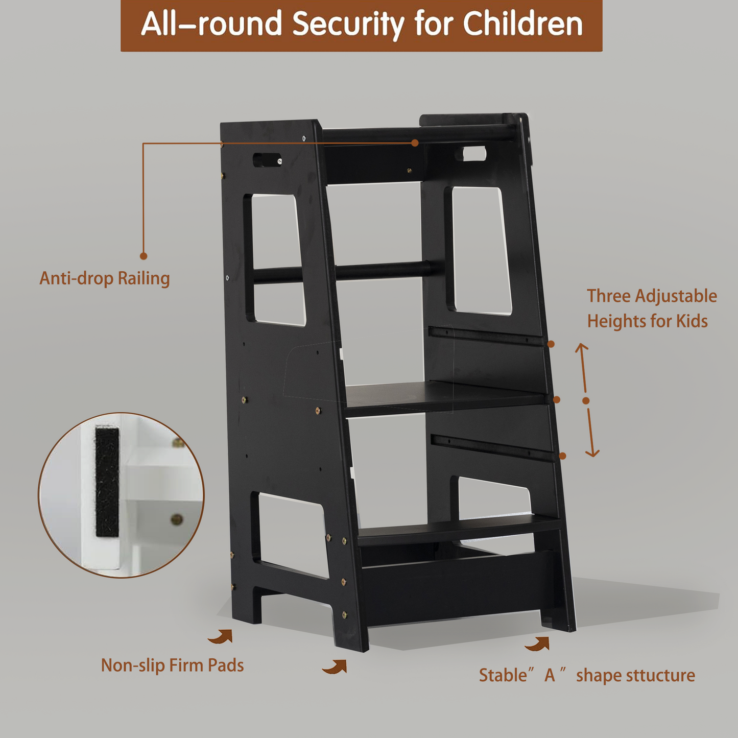 Toddler Standing Tower Kitchen Step Stool for Kid's Adjustable Height Learning Stool Helper Removable Anti-Drop Safety Rail Stool for Bedroom, Bathroom, Black