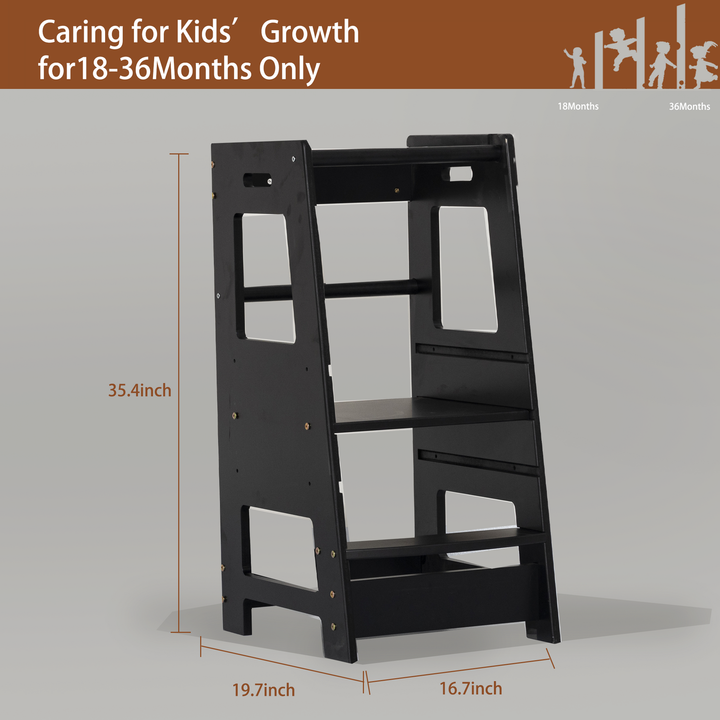 Toddler Standing Tower Kitchen Step Stool for Kid's Adjustable Height Learning Stool Helper Removable Anti-Drop Safety Rail Stool for Bedroom, Bathroom, Black