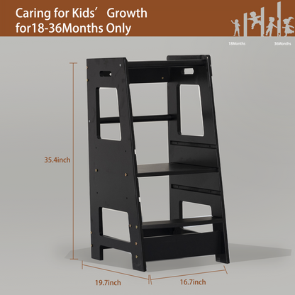 Toddler Standing Tower Kitchen Step Stool for Kid's Adjustable Height Learning Stool Helper Removable Anti-Drop Safety Rail Stool for Bedroom, Bathroom, Black