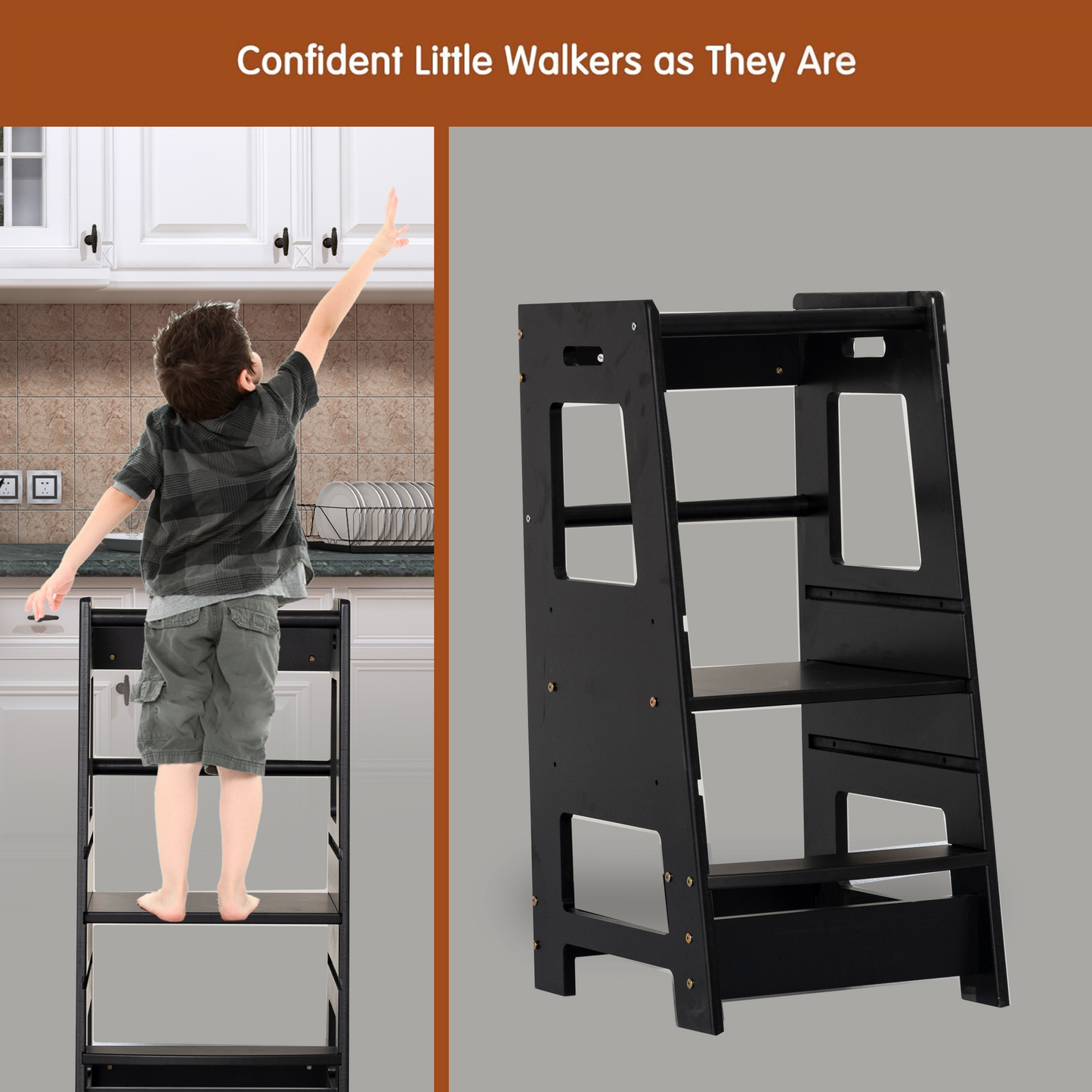 Toddler Standing Tower Kitchen Step Stool for Kid's Adjustable Height Learning Stool Helper Removable Anti-Drop Safety Rail Stool for Bedroom, Bathroom, Black
