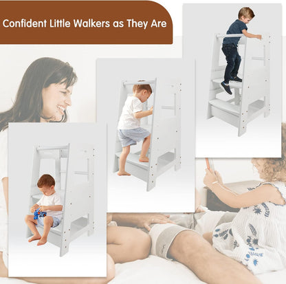 Toddler Standing Tower for Kitchen, Step Stool for Kid's Adjustable Height Learning Stool, Removable Anti-Drop Safety Rail Stool for Bedroom, Bathroom, White