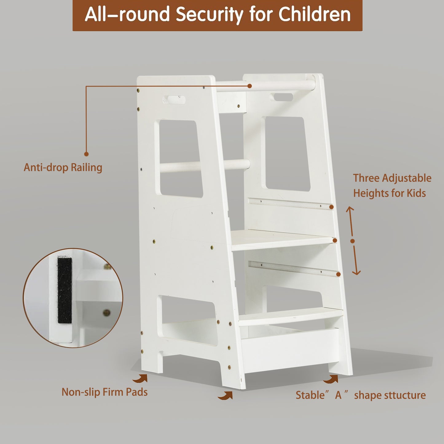 Toddler Standing Tower for Kitchen, Step Stool for Kid's Adjustable Height Learning Stool, Removable Anti-Drop Safety Rail Stool for Bedroom, Bathroom, White
