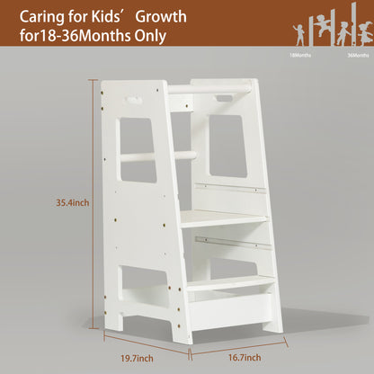Toddler Standing Tower for Kitchen, Step Stool for Kid's Adjustable Height Learning Stool, Removable Anti-Drop Safety Rail Stool for Bedroom, Bathroom, White