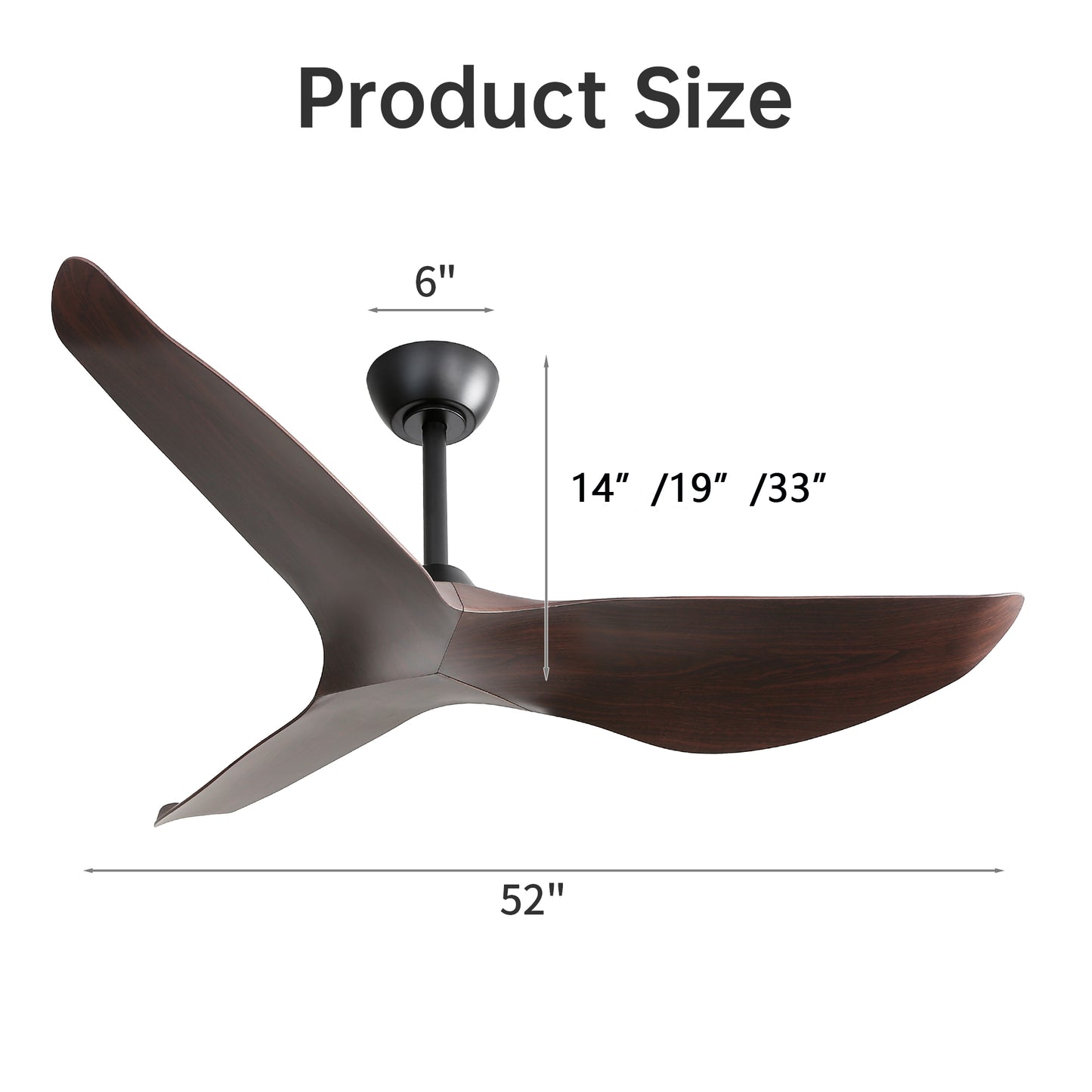 Modern 52 Inch Indoor Ceiling Fan No Light With 6 Speed Remote Control 3 ABS Blade Reversible DC Motor For Hom
